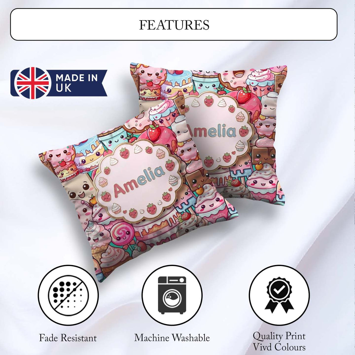 Custom Name Dessert Cake Cupcake Donut Candy Sweet Treat Collage Square Filled Cushion Throw Pillow Sofa Bed Home Decor Zip Washable UK Made