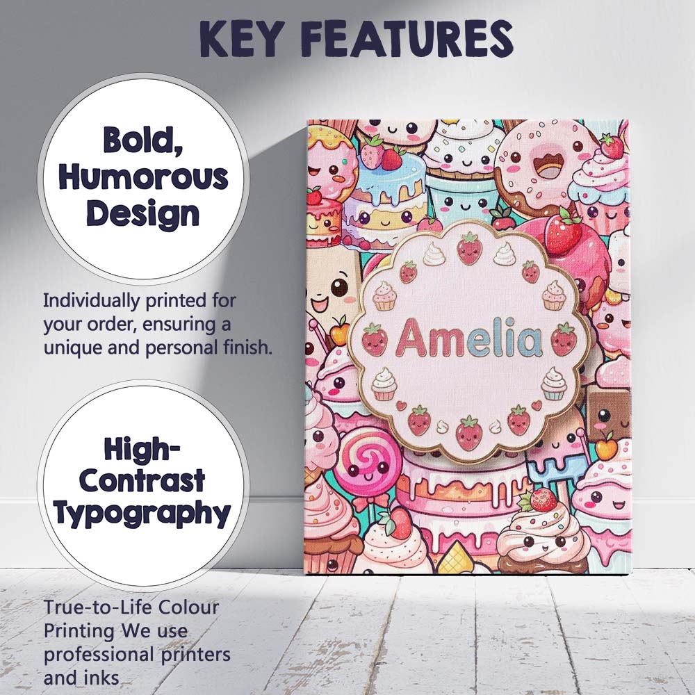 Personalised Name Cute Kawaii Dessert Cake Custom Unique Gift Idea Elegant Feature Canvas Wall Art Print Decor Picture Ready to Hang