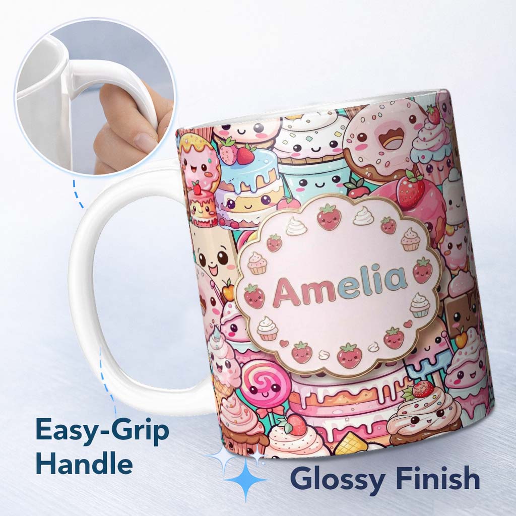 Personalized Custom Name Cute Kawaii Dessert Cake Cupcake Donut Candy Sweet Treat Collage 11oz Ceramic Coffee Tea Mug White Large Handle