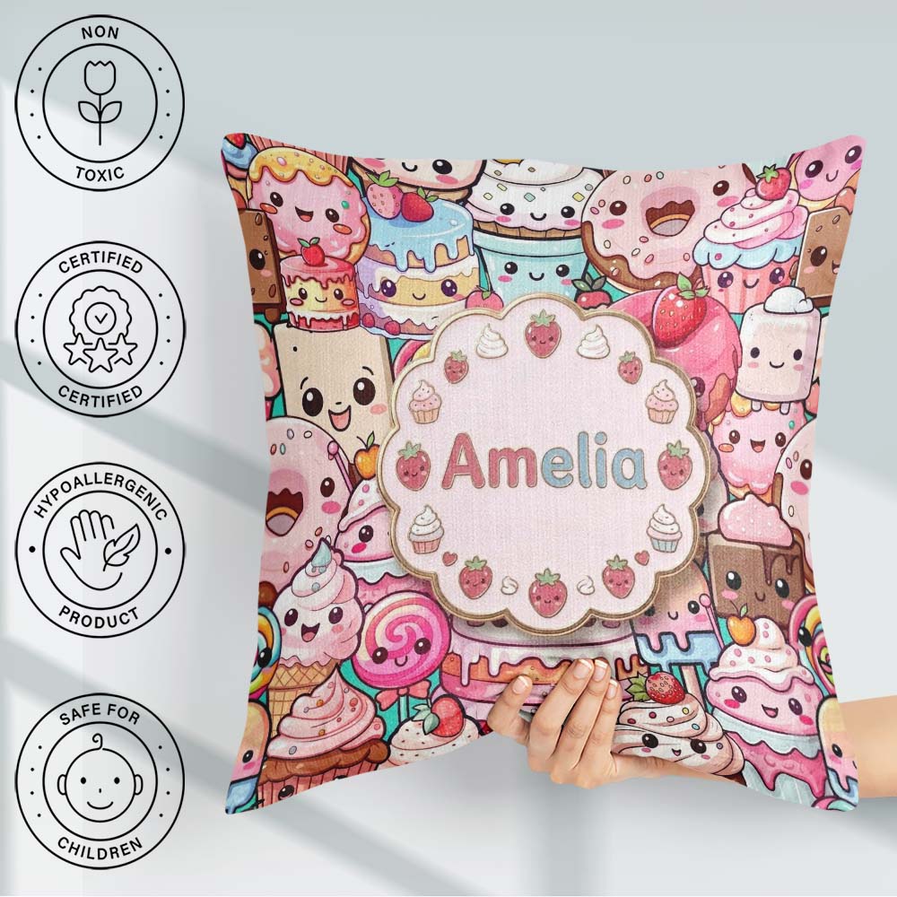 Custom Name Dessert Cake Cupcake Donut Candy Sweet Treat Collage Square Filled Cushion Throw Pillow Sofa Bed Home Decor Zip Washable UK Made