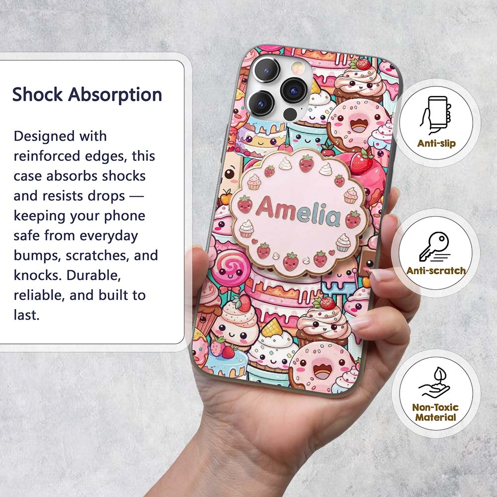 Cute Kawaii Dessert Cake Cupcake Donut Candy Custom Name Protective Phone Case Mobile Cover Durable Everyday Smartphone Shock Resistant