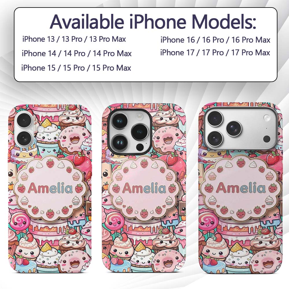 Cute Kawaii Dessert Cake Cupcake Donut Candy Custom Name Protective Phone Case Mobile Cover Durable Everyday Smartphone Shock Resistant