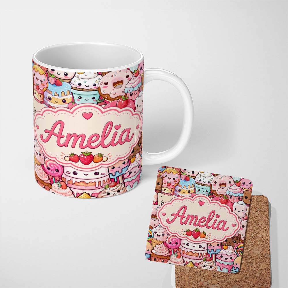 Personalized Custom Name Cute Kawaii Dessert Cake Cupcake Donut Candy Sweet Treat Collage 11oz Ceramic Coffee Tea Mug White Large Handle