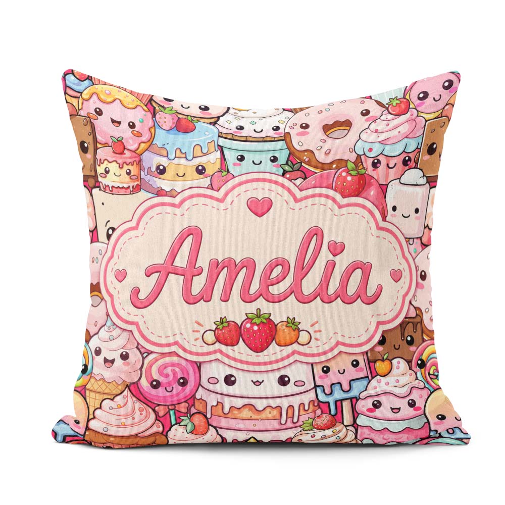 Custom Name Dessert Cake Cupcake Donut Candy Sweet Treat Collage Square Filled Cushion Throw Pillow Sofa Bed Home Decor Zip Washable UK Made