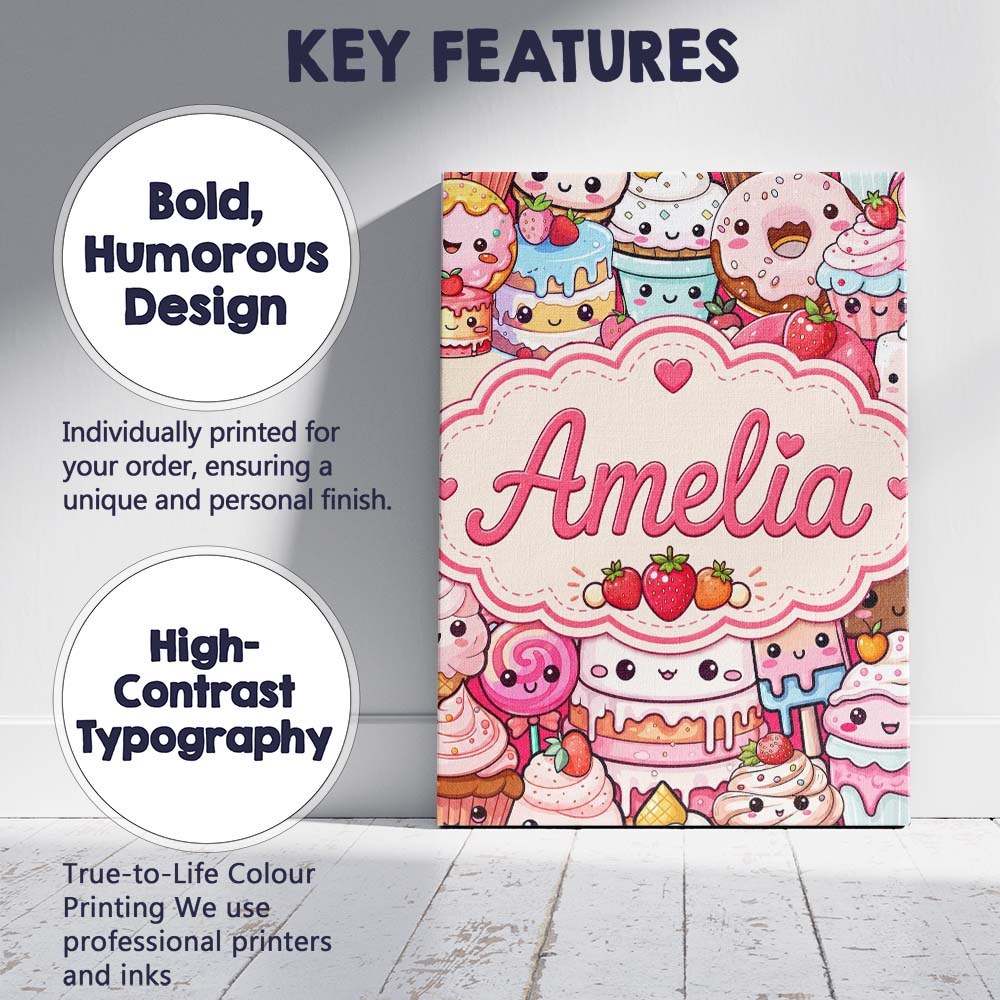 Personalised Name Cute Kawaii Dessert Cake Custom Unique Gift Idea Elegant Feature Canvas Wall Art Print Decor Picture Ready to Hang