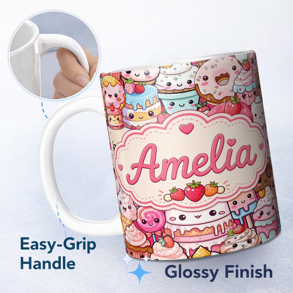 Personalized Custom Name Cute Kawaii Dessert Cake Cupcake Donut Candy Sweet Treat Collage 11oz Ceramic Coffee Tea Mug White Large Handle