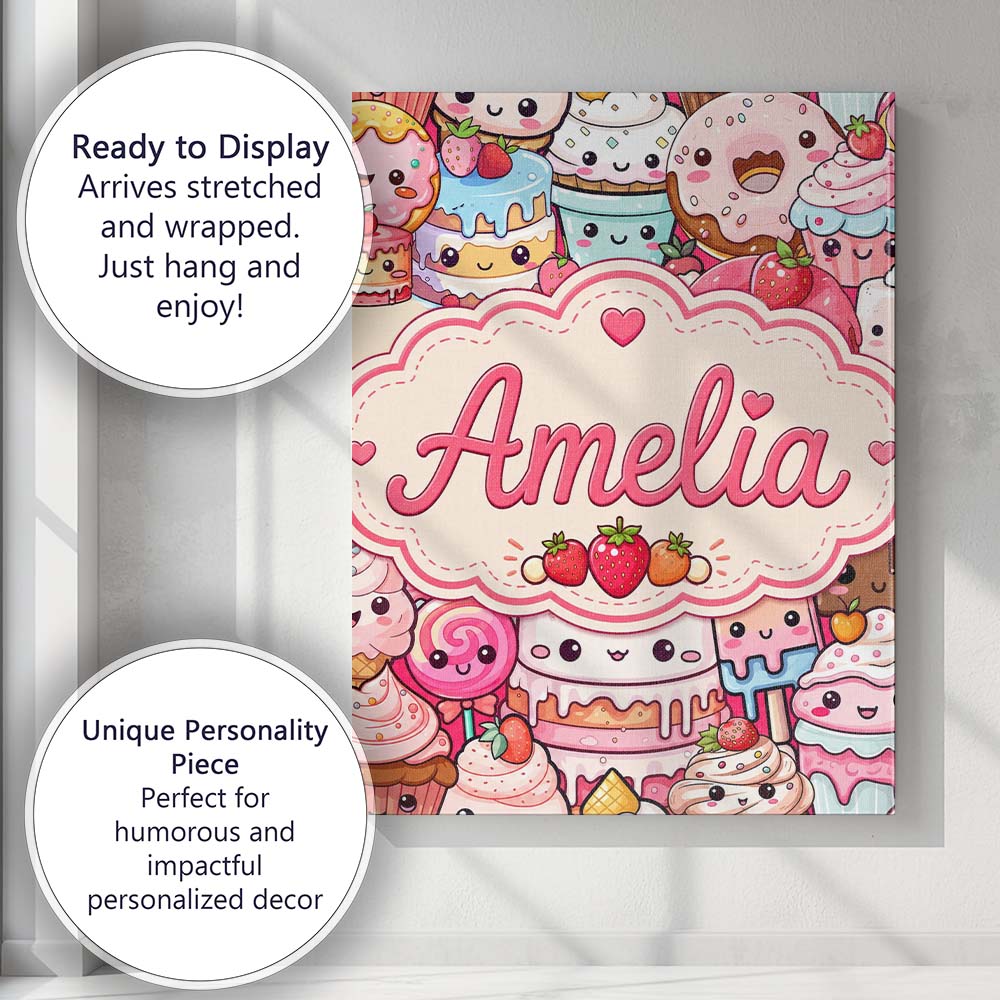 Personalised Name Cute Kawaii Dessert Cake Custom Unique Gift Idea Elegant Feature Canvas Wall Art Print Decor Picture Ready to Hang