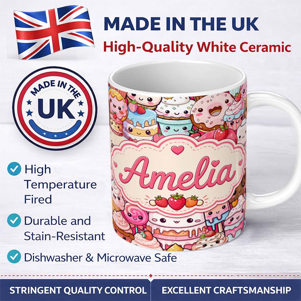 Personalized Custom Name Cute Kawaii Dessert Cake Cupcake Donut Candy Sweet Treat Collage 11oz Ceramic Coffee Tea Mug White Large Handle