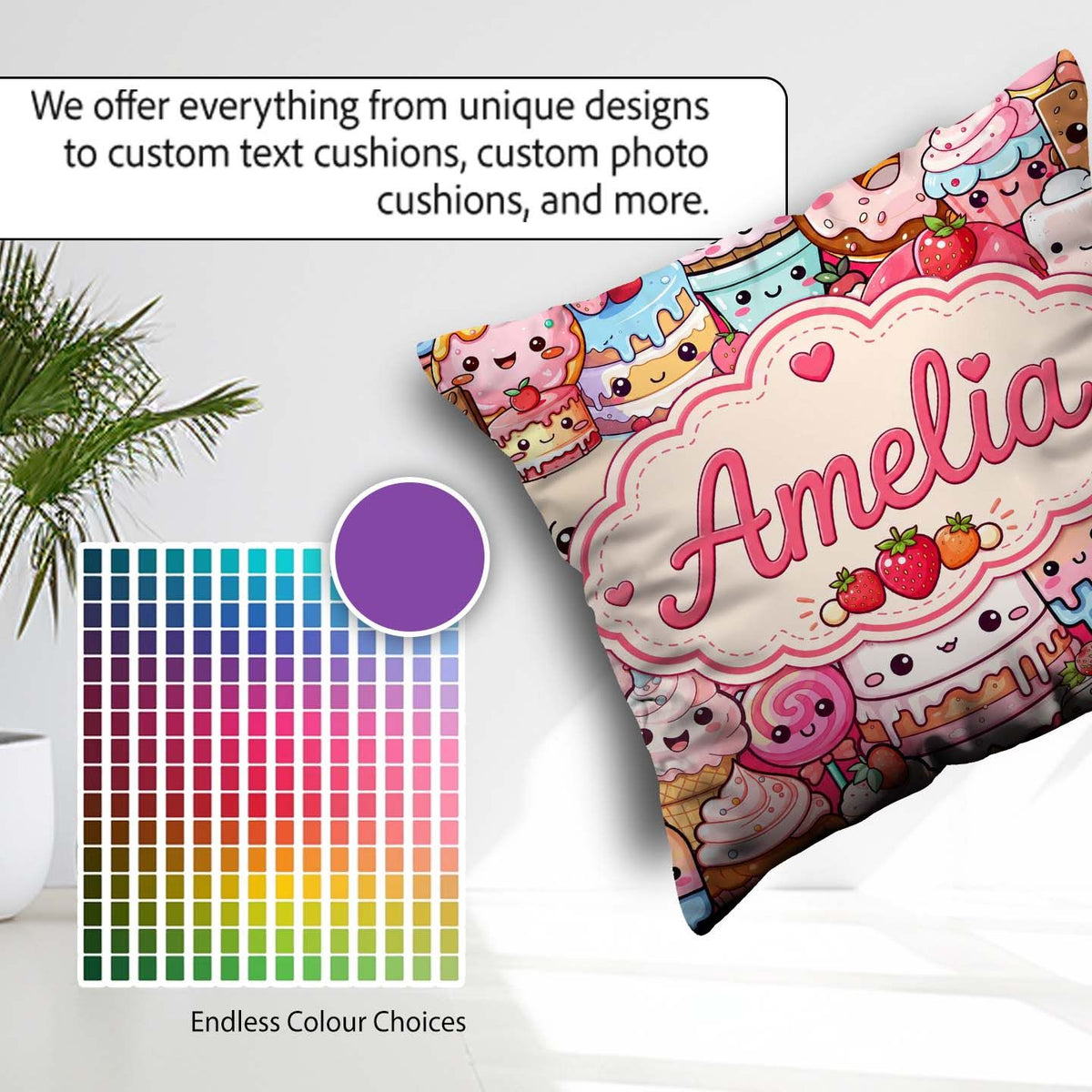 Custom Name Dessert Cake Cupcake Donut Candy Sweet Treat Collage Square Filled Cushion Throw Pillow Sofa Bed Home Decor Zip Washable UK Made