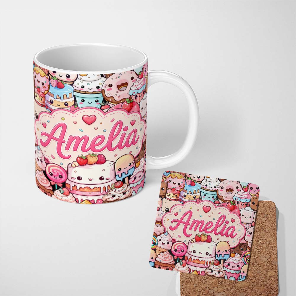 Personalized Custom Name Cute Kawaii Dessert Cake Cupcake Donut Candy Sweet Treat Collage 11oz Ceramic Coffee Tea Mug White Large Handle