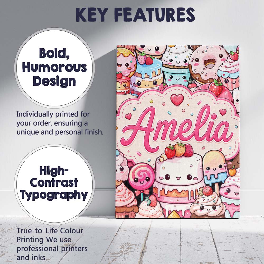 Personalised Name Cute Kawaii Dessert Cake Custom Unique Gift Idea Elegant Feature Canvas Wall Art Print Decor Picture Ready to Hang