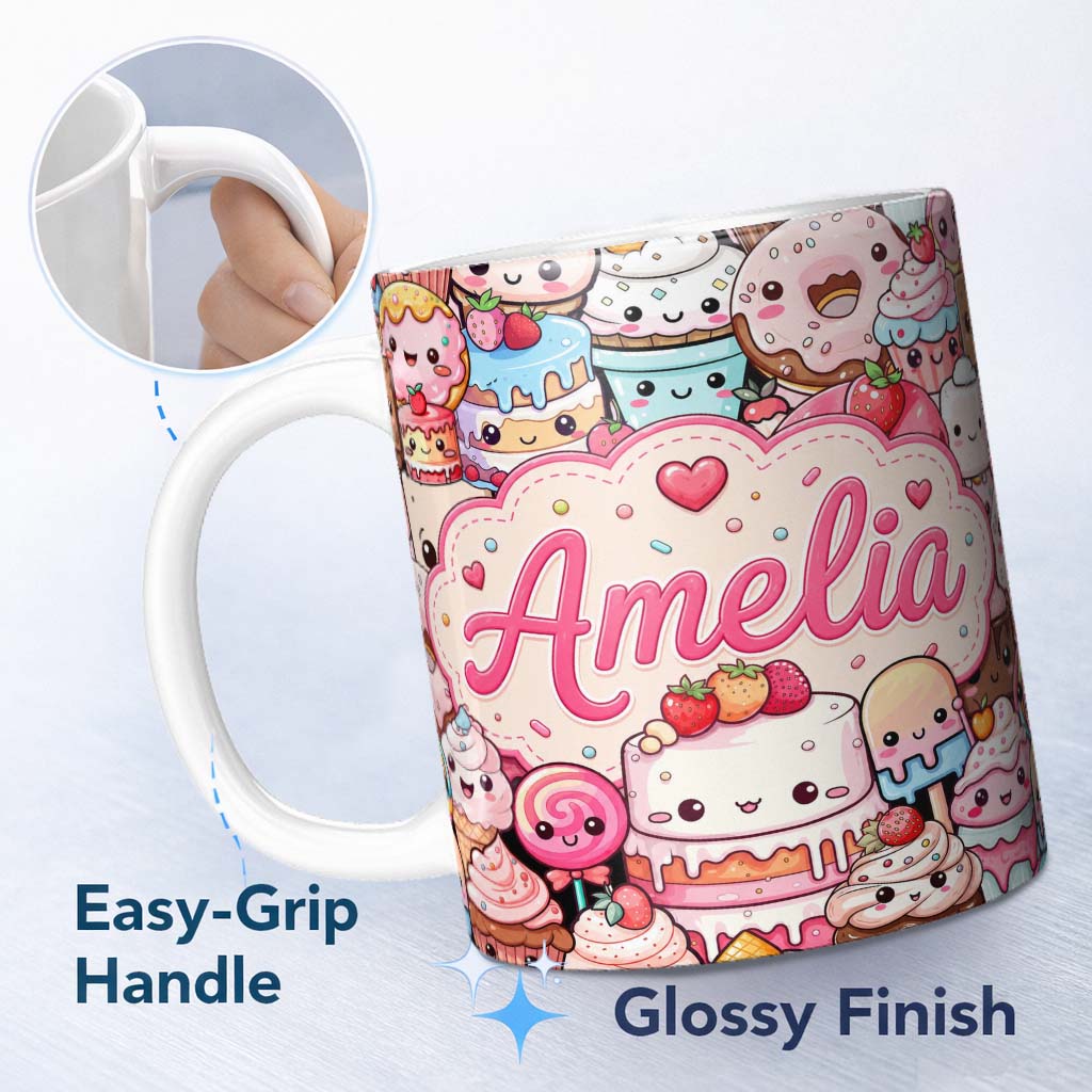 Personalized Custom Name Cute Kawaii Dessert Cake Cupcake Donut Candy Sweet Treat Collage 11oz Ceramic Coffee Tea Mug White Large Handle