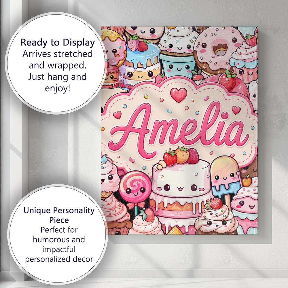 Personalised Name Cute Kawaii Dessert Cake Custom Unique Gift Idea Elegant Feature Canvas Wall Art Print Decor Picture Ready to Hang