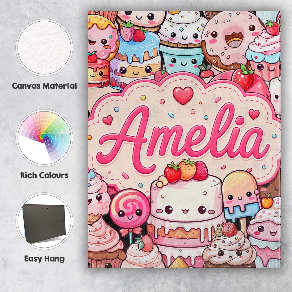 Personalised Name Cute Kawaii Dessert Cake Custom Unique Gift Idea Elegant Feature Canvas Wall Art Print Decor Picture Ready to Hang
