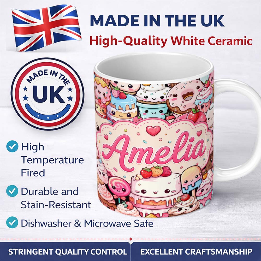 Personalized Custom Name Cute Kawaii Dessert Cake Cupcake Donut Candy Sweet Treat Collage 11oz Ceramic Coffee Tea Mug White Large Handle