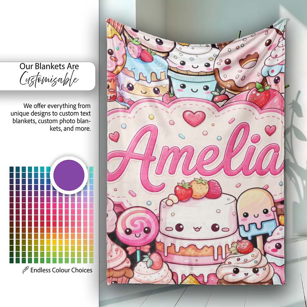 Cute Kawaii Dessert Cake Cupcake Donut Candy Sweet Treat Collage Personalised Custom Name Super Soft Fleece Blanket Bed Sofa Throw