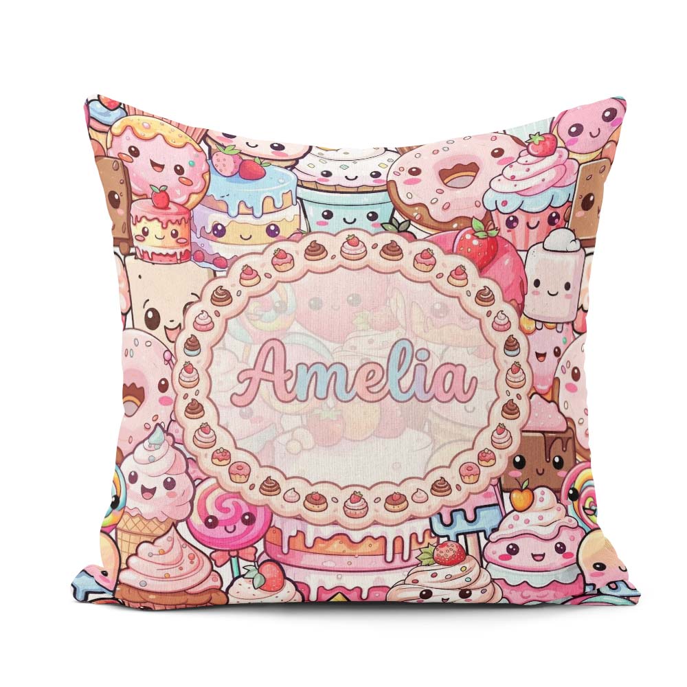 Custom Name Dessert Cake Cupcake Donut Candy Sweet Treat Collage Square Filled Cushion Throw Pillow Sofa Bed Home Decor Zip Washable UK Made