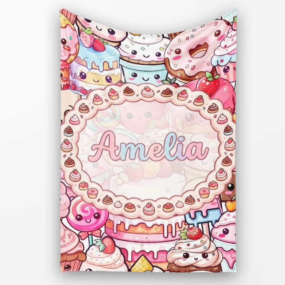 Cute Kawaii Dessert Cake Cupcake Donut Candy Sweet Treat Collage Personalised Custom Name Super Soft Fleece Blanket Bed Sofa Throw