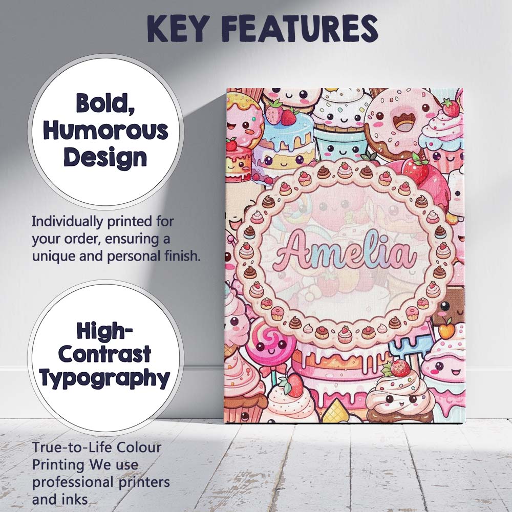 Personalised Name Cute Kawaii Dessert Cake Custom Unique Gift Idea Elegant Feature Canvas Wall Art Print Decor Picture Ready to Hang