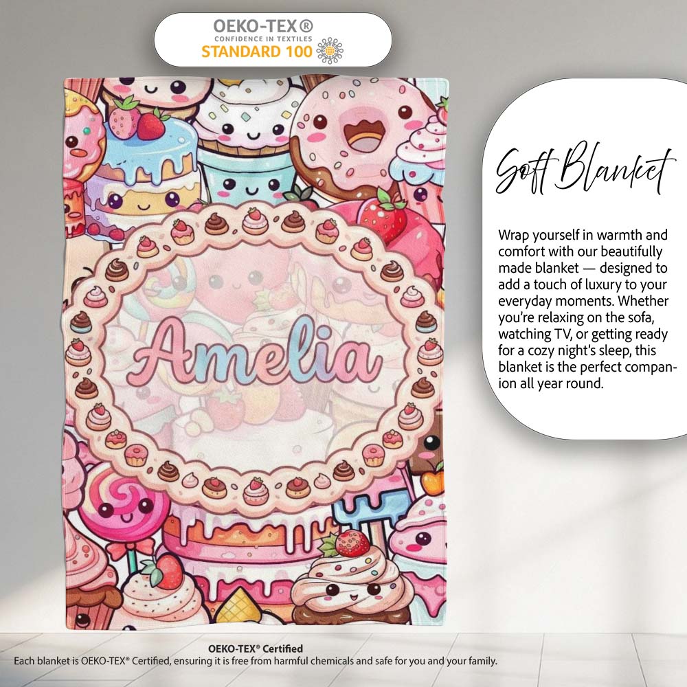 Cute Kawaii Dessert Cake Cupcake Donut Candy Sweet Treat Collage Personalised Custom Name Super Soft Fleece Blanket Bed Sofa Throw