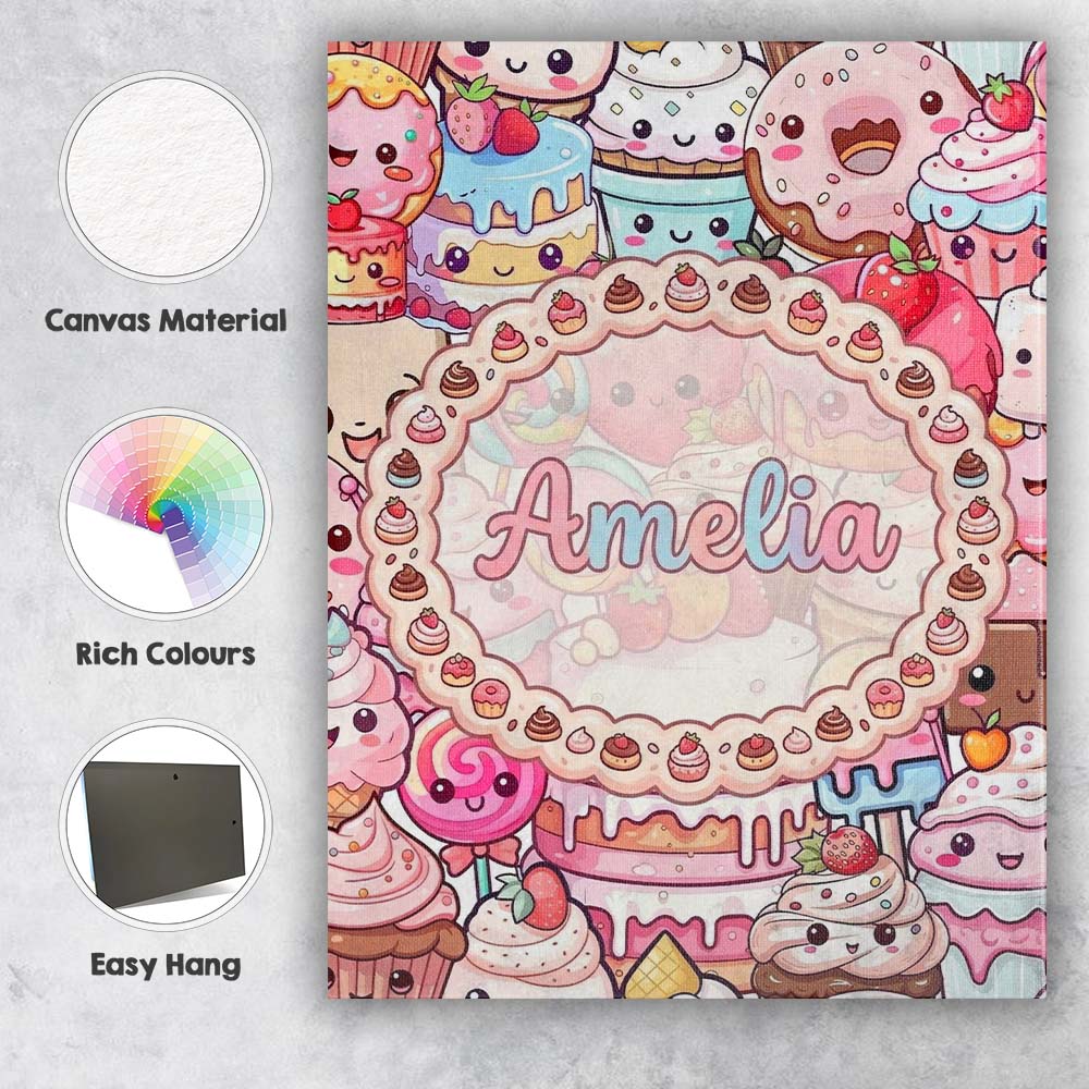 Personalised Name Cute Kawaii Dessert Cake Custom Unique Gift Idea Elegant Feature Canvas Wall Art Print Decor Picture Ready to Hang