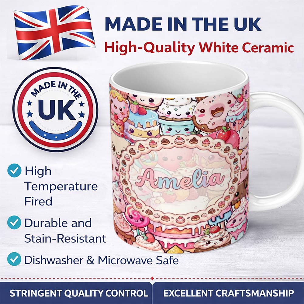 Personalized Custom Name Cute Kawaii Dessert Cake Cupcake Donut Candy Sweet Treat Collage 11oz Ceramic Coffee Tea Mug White Large Handle