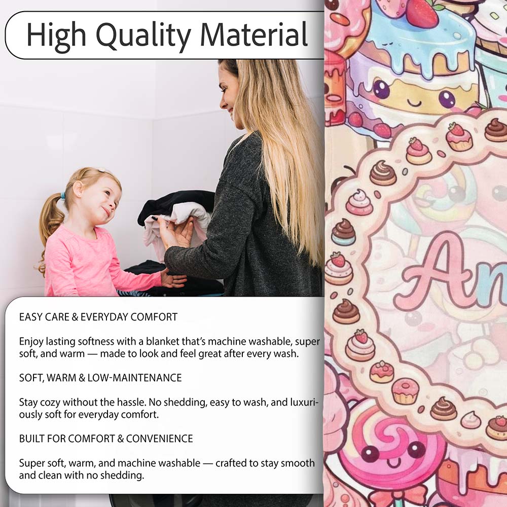 Cute Kawaii Dessert Cake Cupcake Donut Candy Sweet Treat Collage Personalised Custom Name Super Soft Fleece Blanket Bed Sofa Throw
