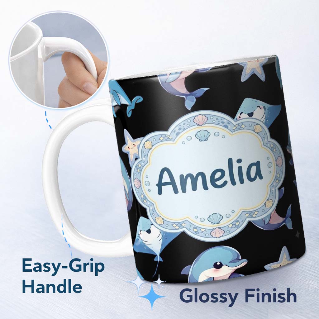 Personalized Custom Name Kawaii Dolphin Stingray Starfish Ocean Animals Seamless Pattern 11oz Ceramic Coffee Tea Mug White Large Handle