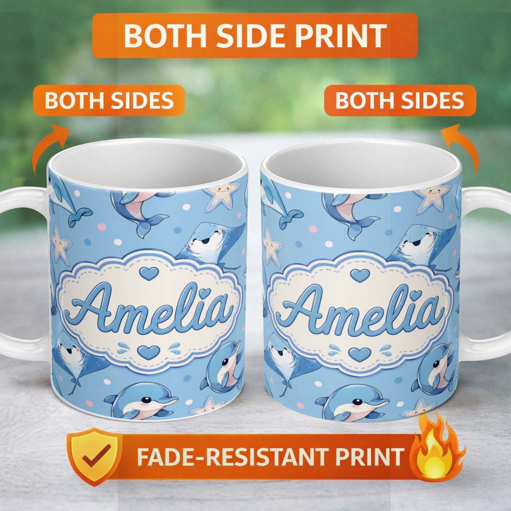 Personalized Custom Name Kawaii Dolphin Stingray Starfish Ocean Animals Seamless Pattern 11oz Ceramic Coffee Tea Mug White Large Handle