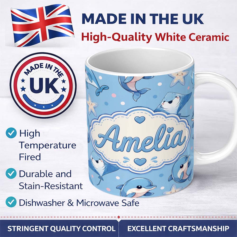 Personalized Custom Name Kawaii Dolphin Stingray Starfish Ocean Animals Seamless Pattern 11oz Ceramic Coffee Tea Mug White Large Handle
