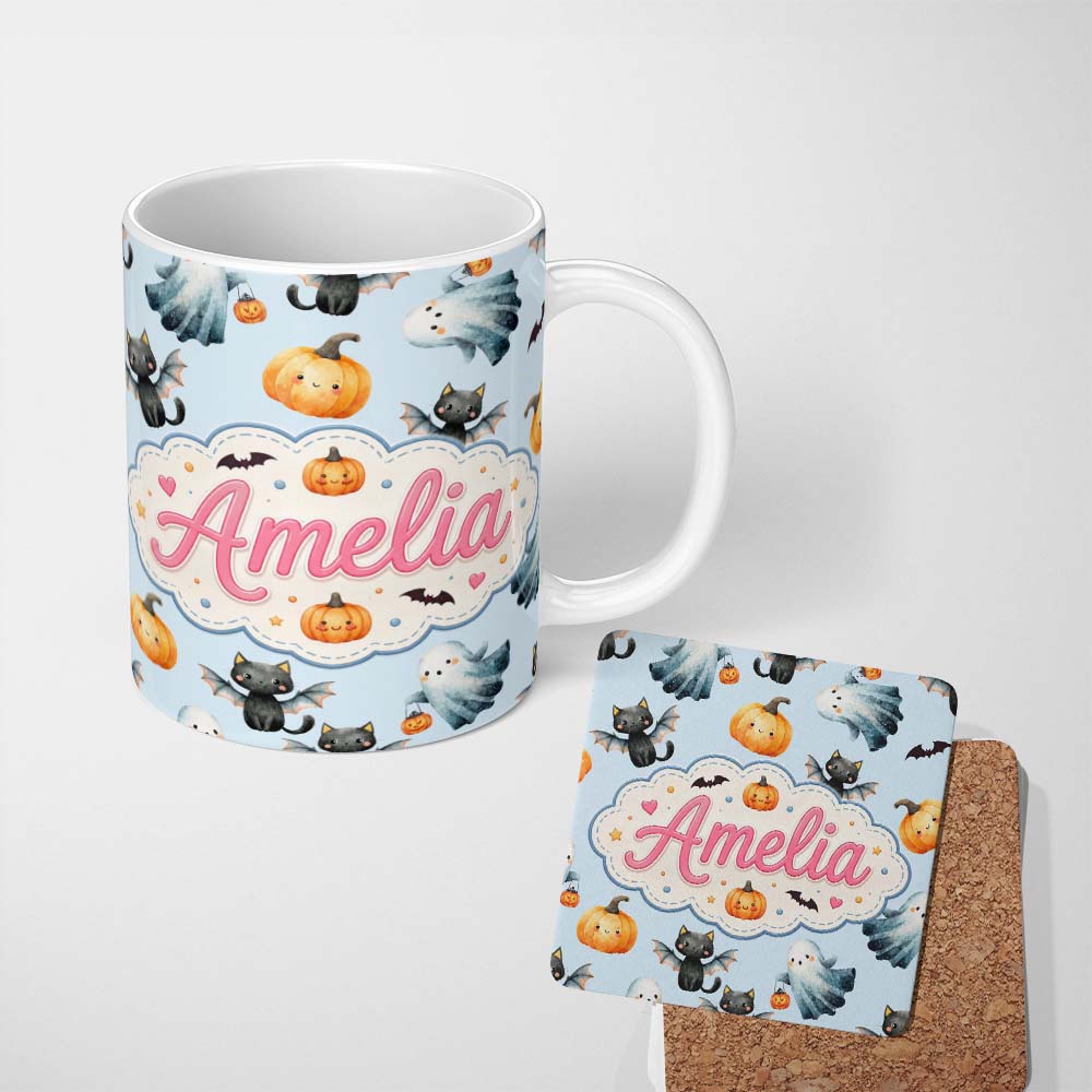 Personalized Custom Name Cute Halloween Ghost Pumpkin Bat Cat Seamless Pattern Grey 11oz Ceramic Coffee Tea Mug White Large Handle