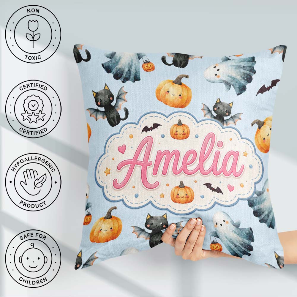 Custom Name Cute Halloween Pumpkin Bat Cat Seamless Pattern Grey Square Filled Cushion Throw Pillow Sofa Bed Home Decor Zip Washable UK Made