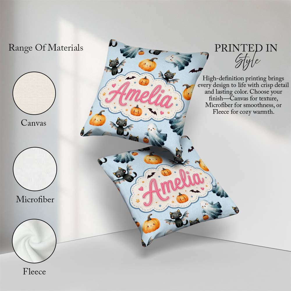 Custom Name Cute Halloween Pumpkin Bat Cat Seamless Pattern Grey Square Filled Cushion Throw Pillow Sofa Bed Home Decor Zip Washable UK Made