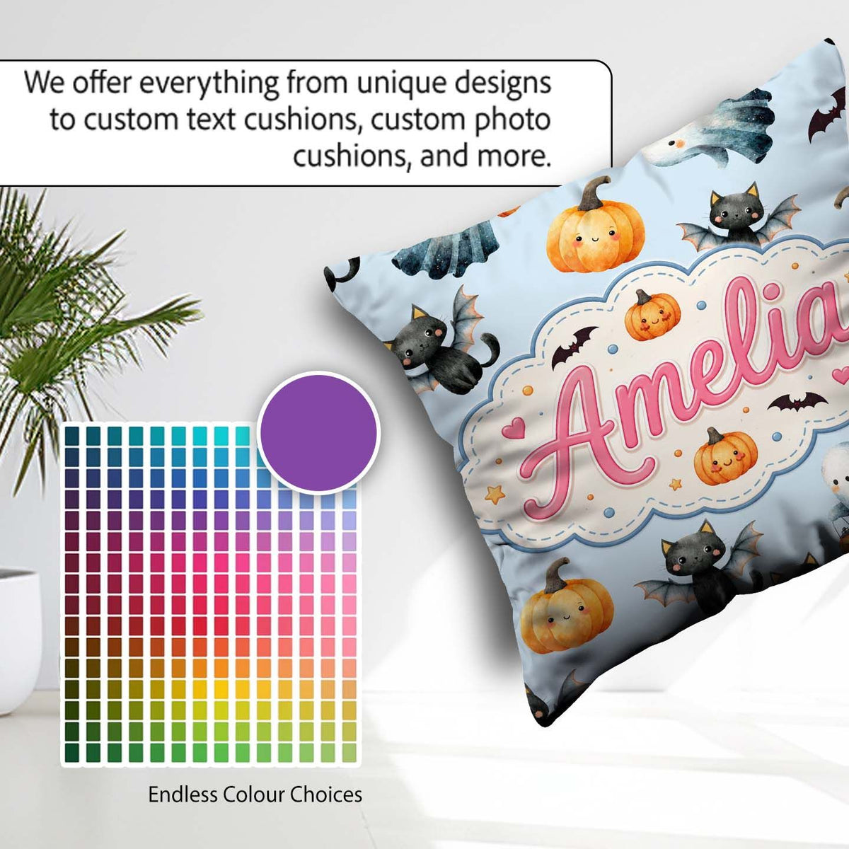 Custom Name Cute Halloween Pumpkin Bat Cat Seamless Pattern Grey Square Filled Cushion Throw Pillow Sofa Bed Home Decor Zip Washable UK Made