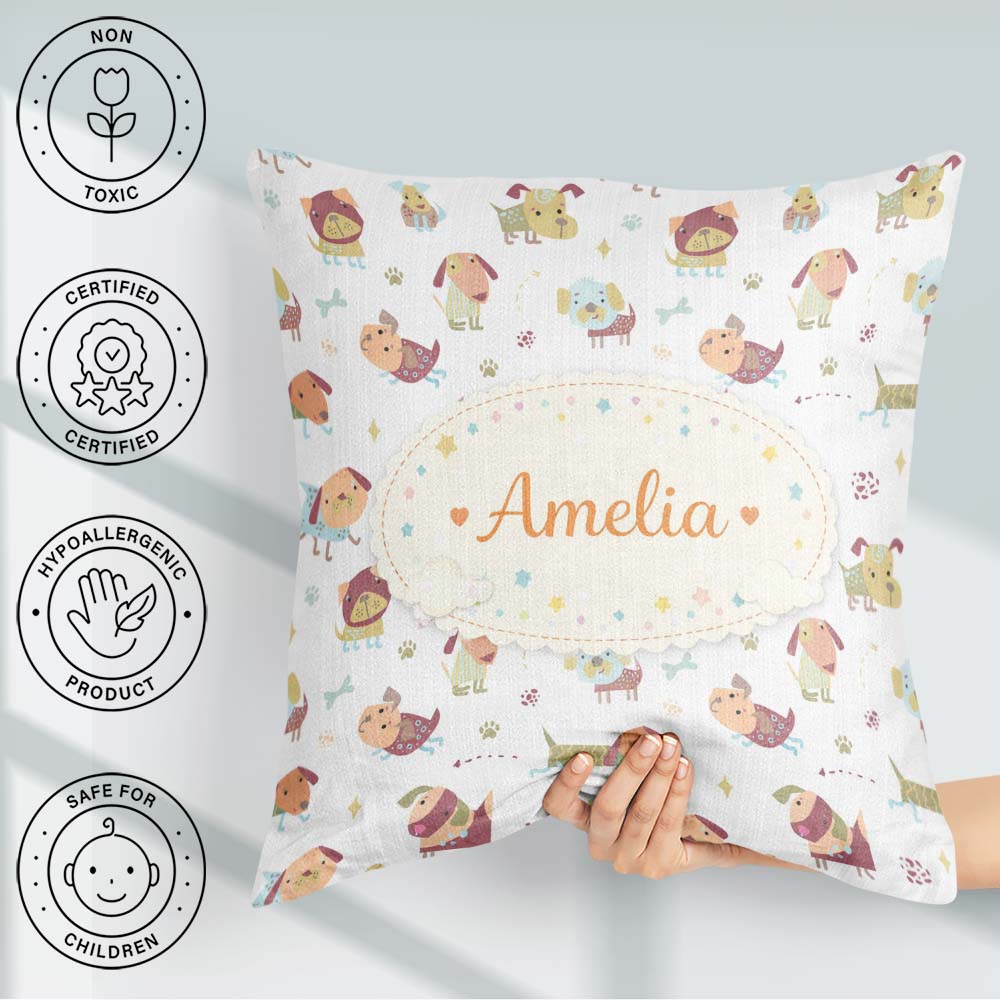Custom Name Cute Cartoon Dogs Playful Pet Seamless Pattern for Square Filled Cushion Throw Pillow Sofa Bed Home Decor Zip Washable UK Made