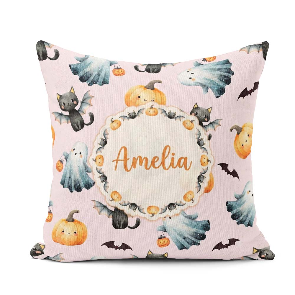 Custom Name Cute Halloween Pumpkin Bat Cat Seamless Pattern Pink Square Filled Cushion Throw Pillow Sofa Bed Home Decor Zip Washable UK Made