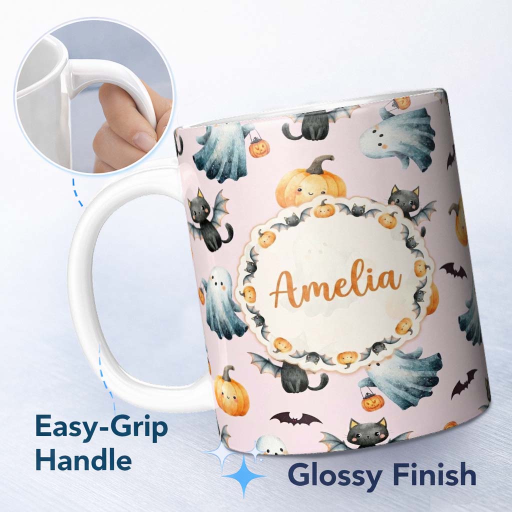 Personalized Custom Name Cute Halloween Ghost Pumpkin Bat Cat Seamless Pattern Pink 11oz Ceramic Coffee Tea Mug White Large Handle