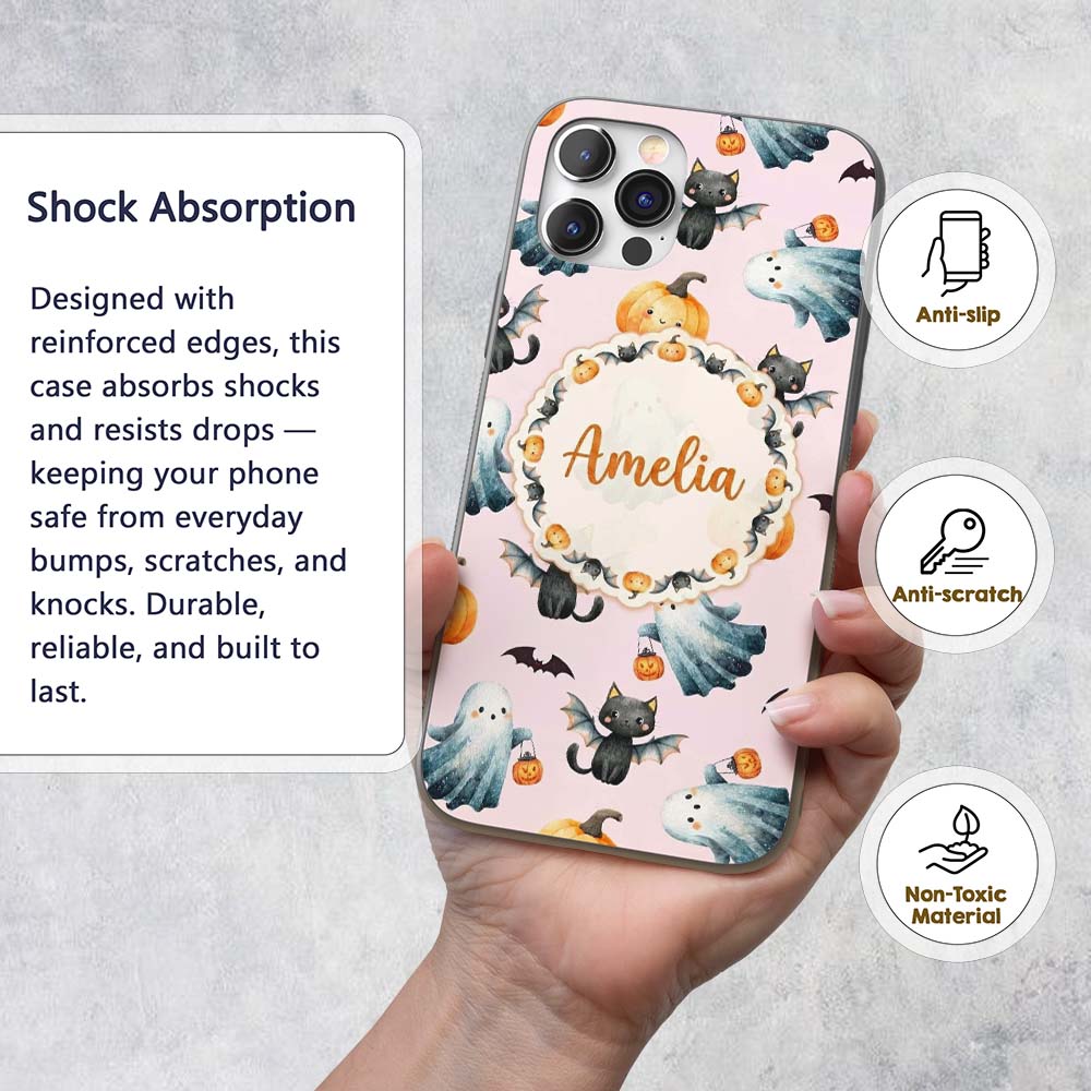 Cute Halloween Ghost Pumpkin Bat Cat Seamless Custom Name Protective Phone Case Mobile Cover Durable Everyday Smartphone Shock Resistant