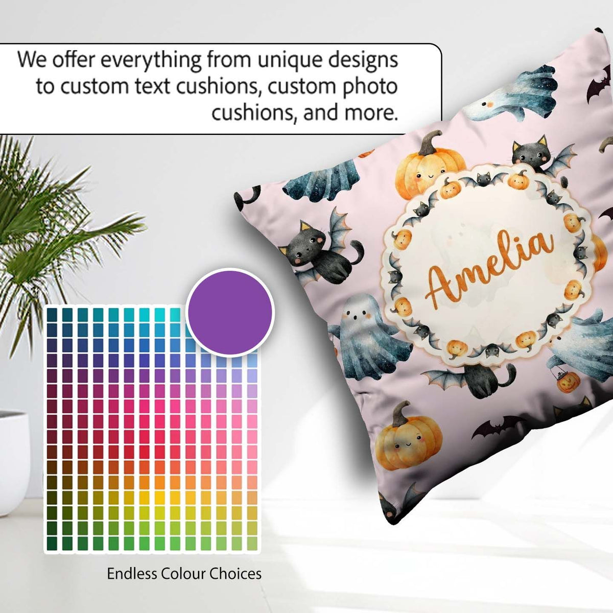 Custom Name Cute Halloween Pumpkin Bat Cat Seamless Pattern Pink Square Filled Cushion Throw Pillow Sofa Bed Home Decor Zip Washable UK Made
