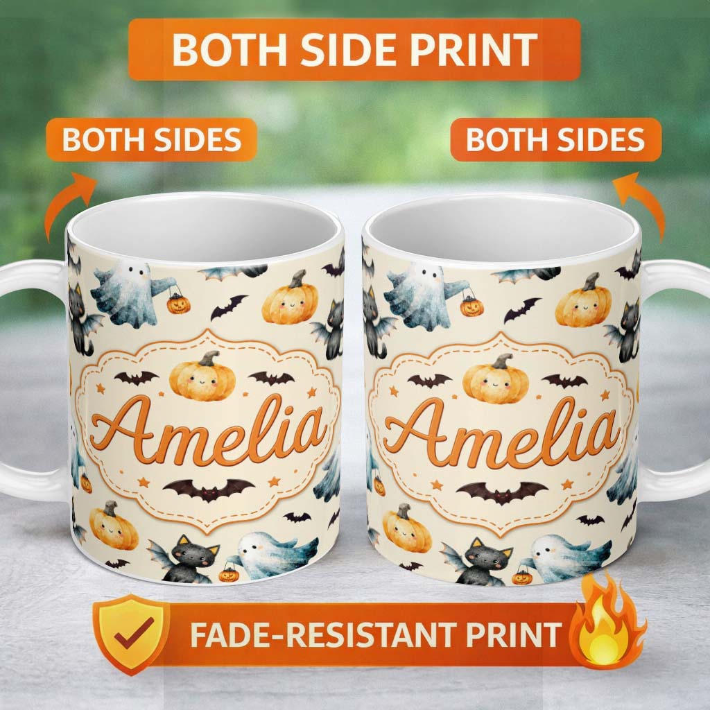 Personalized Custom Name Cute Halloween Ghost Pumpkin Bat Cat Seamless Pattern Cream 11oz Ceramic Coffee Tea Mug White Large Handle