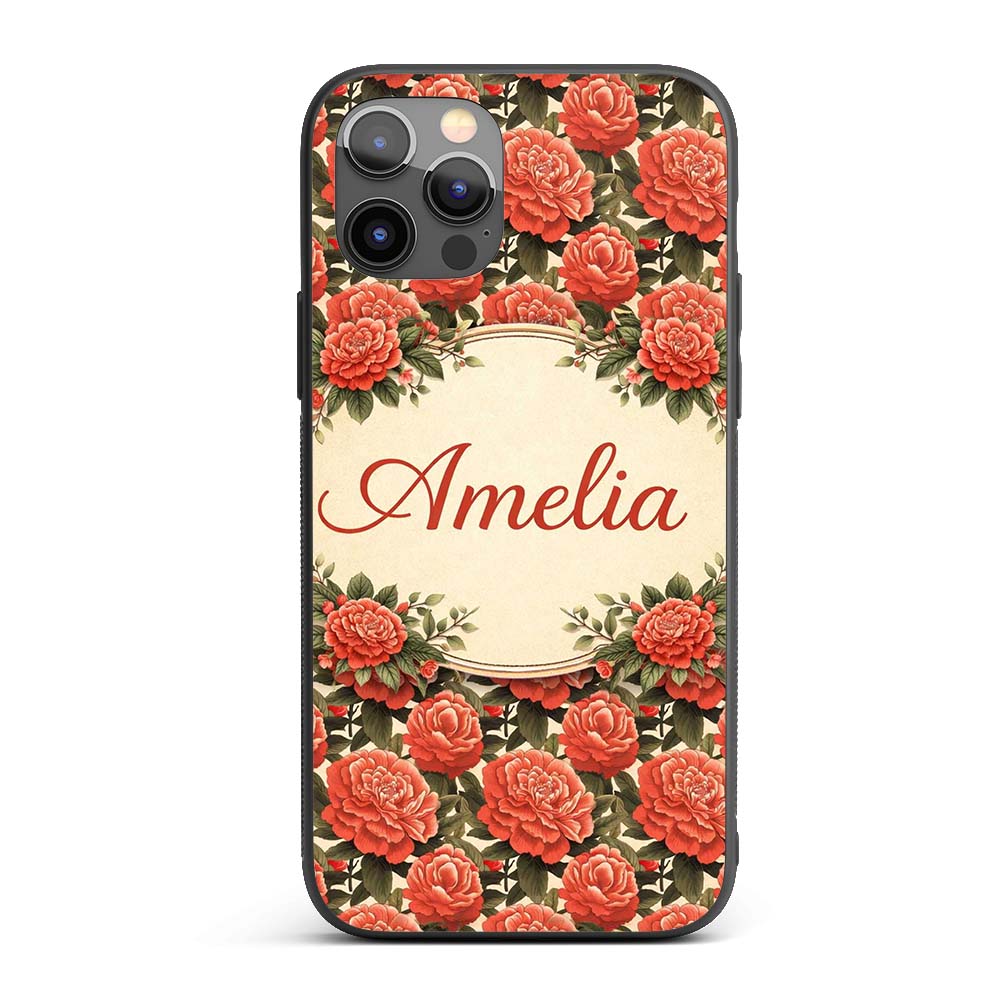 Vintage Red Flower Botanical Seamless Pattern Custom Name Protective Phone Case Mobile Cover Durable Everyday Smartphone Shock Resistant