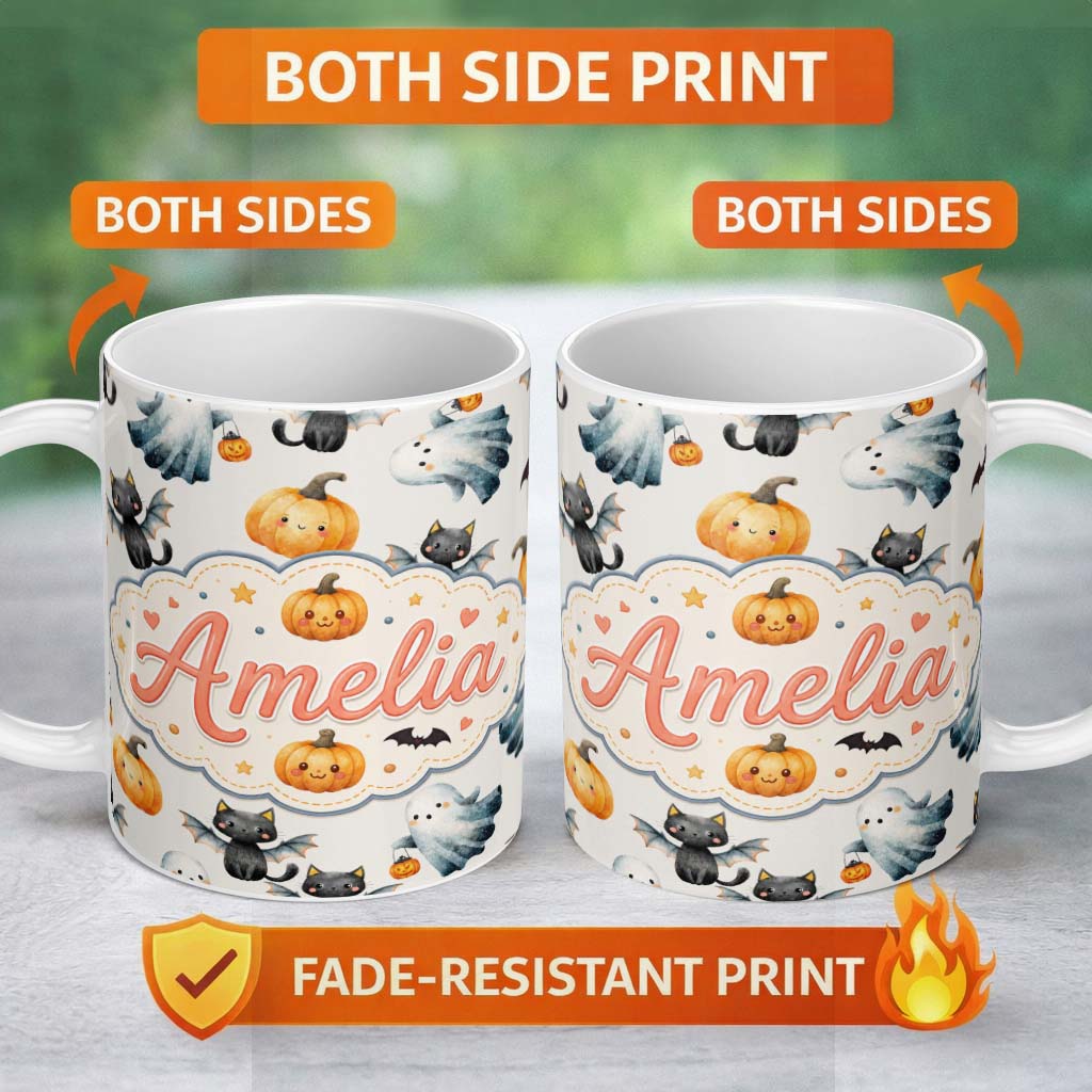 Personalized Custom Name Cute Halloween Ghost Pumpkin Bat Cat Seamless Pattern Light Grey 11oz Ceramic Coffee Tea Mug White Large Handle