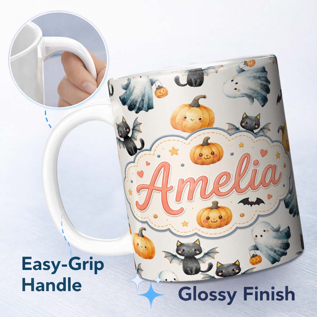 Personalized Custom Name Cute Halloween Ghost Pumpkin Bat Cat Seamless Pattern Light Grey 11oz Ceramic Coffee Tea Mug White Large Handle