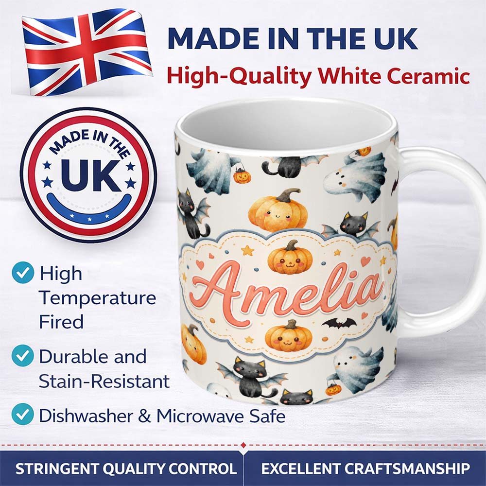 Personalized Custom Name Cute Halloween Ghost Pumpkin Bat Cat Seamless Pattern Light Grey 11oz Ceramic Coffee Tea Mug White Large Handle