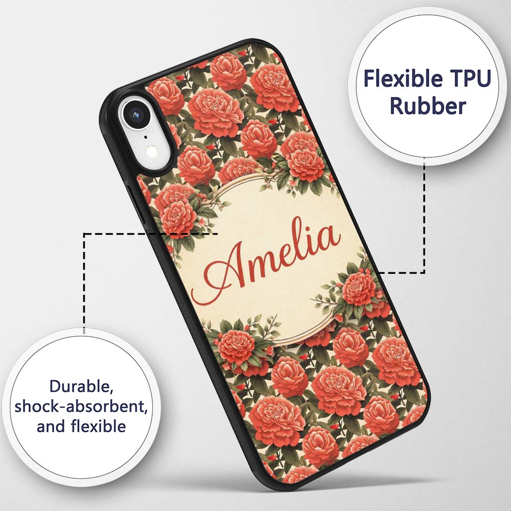 Vintage Red Flower Botanical Seamless Pattern Custom Name Protective Phone Case Mobile Cover Durable Everyday Smartphone Shock Resistant