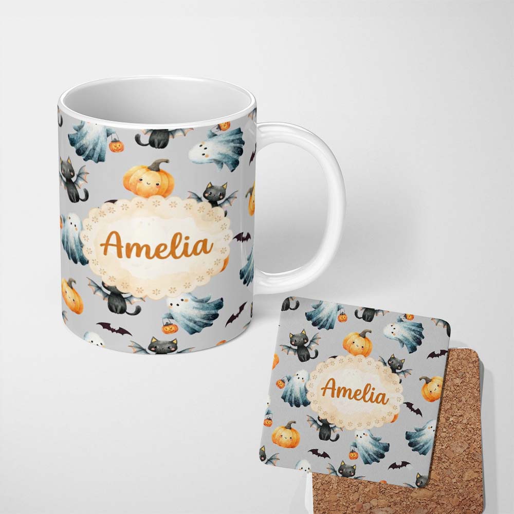 Personalized Custom Name Cute Halloween Ghost Pumpkin Bat Cat Seamless Pattern Beige 11oz Ceramic Coffee Tea Mug White Large Handle
