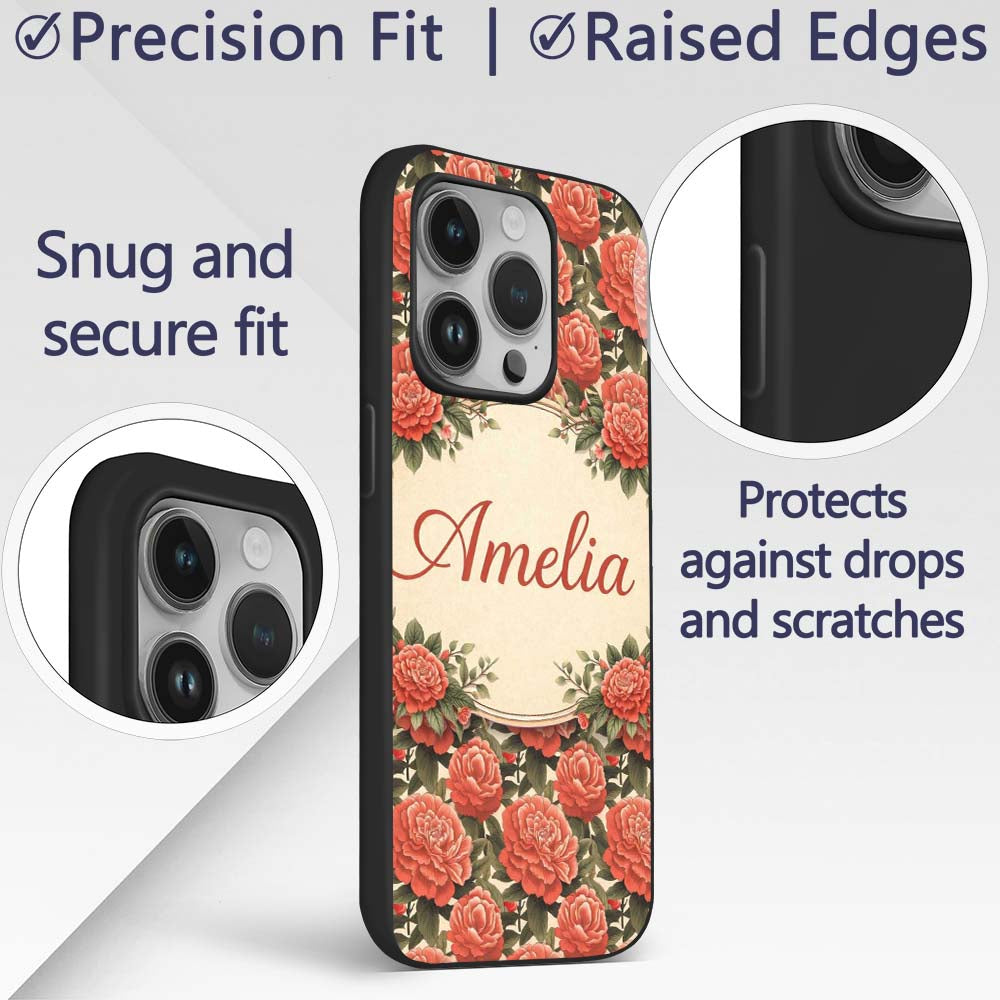Vintage Red Flower Botanical Seamless Pattern Custom Name Protective Phone Case Mobile Cover Durable Everyday Smartphone Shock Resistant