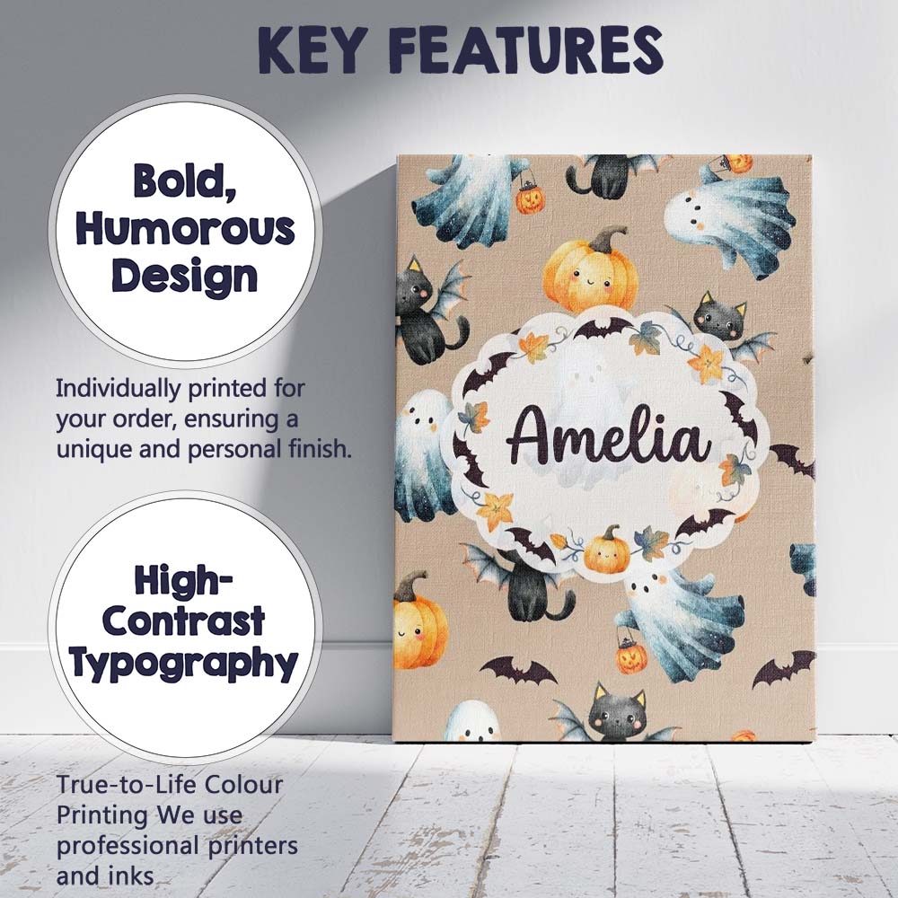 Personalised Name Cute Halloween Ghost Custom Modern Room Accent Elegant Feature Canvas Wall Art Print Decor Picture Ready to Hang