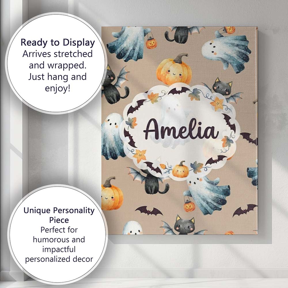 Personalised Name Cute Halloween Ghost Custom Modern Room Accent Elegant Feature Canvas Wall Art Print Decor Picture Ready to Hang
