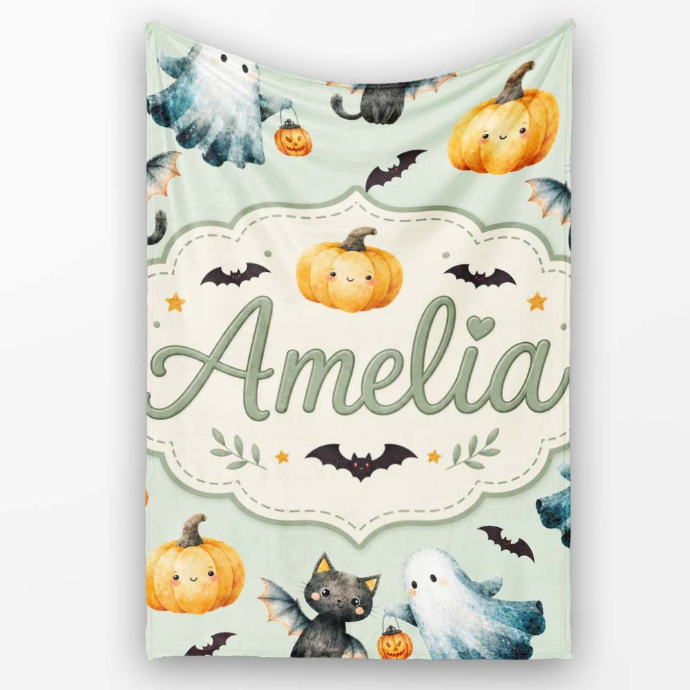Cute Halloween Ghost Pumpkin Bat Cat Seamless Pattern Sage Green Personalised Custom Name Super Soft Fleece Blanket Bed Sofa Throw